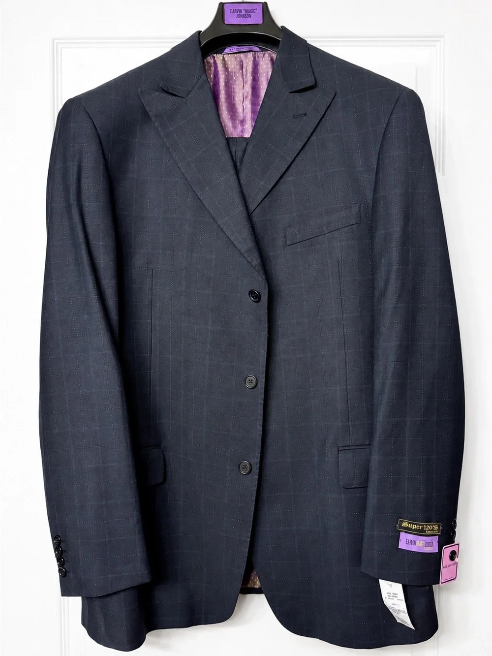 NWT Magic Johnson Super 120s Navy Windowpane 42L Business Suit